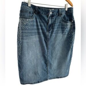 Chico’s size 1 denim knee length jeweled embellished skirt. Preloved.